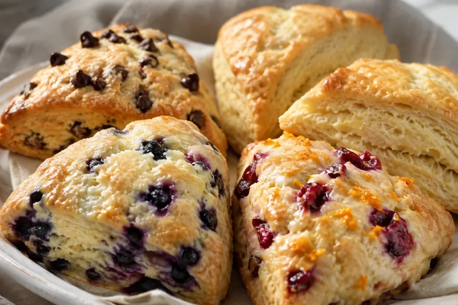 Close-up of assorted scones showing flaky crumb and fruit and chocolate mix-ins