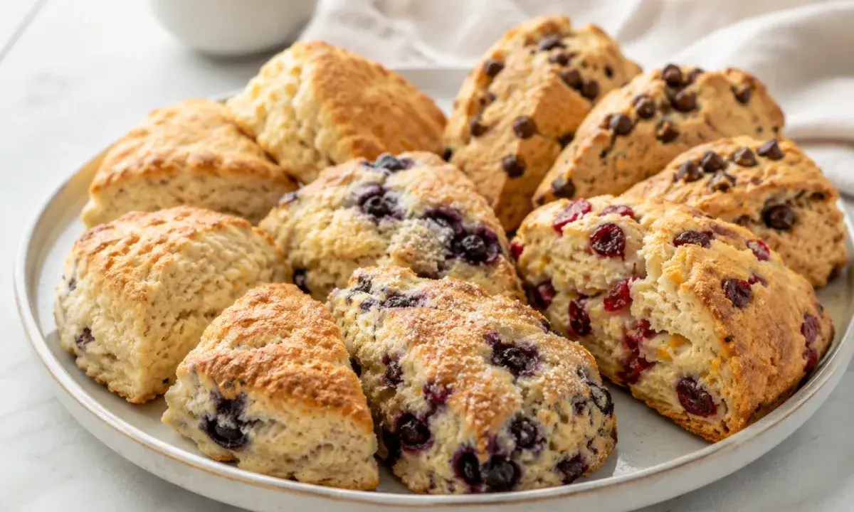 A platter of assorted homemade scones including plain, blueberry, cranberry-orange, and chocolate chip varieties