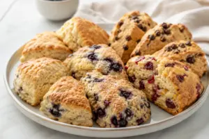 A platter of assorted homemade scones including plain, blueberry, cranberry-orange, and chocolate chip varieties