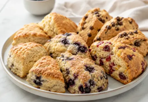 A platter of assorted homemade scones including plain, blueberry, cranberry-orange, and chocolate chip varieties
