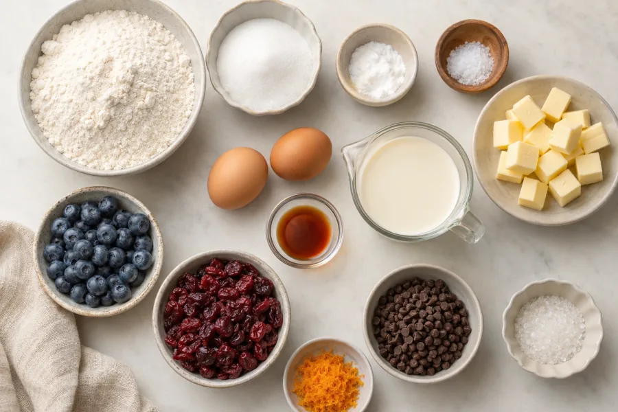 Ingredients for scone varieties including flour, sugar, eggs, cream, butter, blueberries, cranberries, orange zest, and chocolate chips
