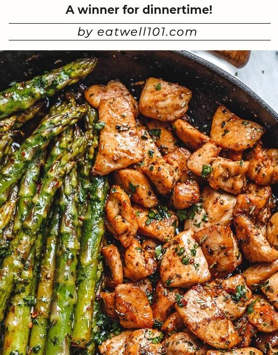 garlic butter chicken bites and asparagus