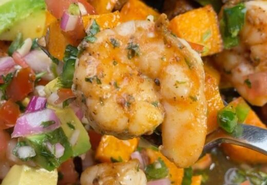 high protein shrimp sweet potato bowl