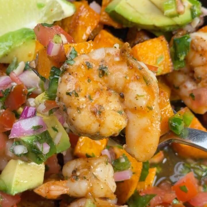 high protein shrimp sweet potato bowl