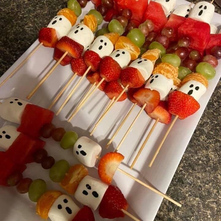 fruit skewers with marshmallow faces