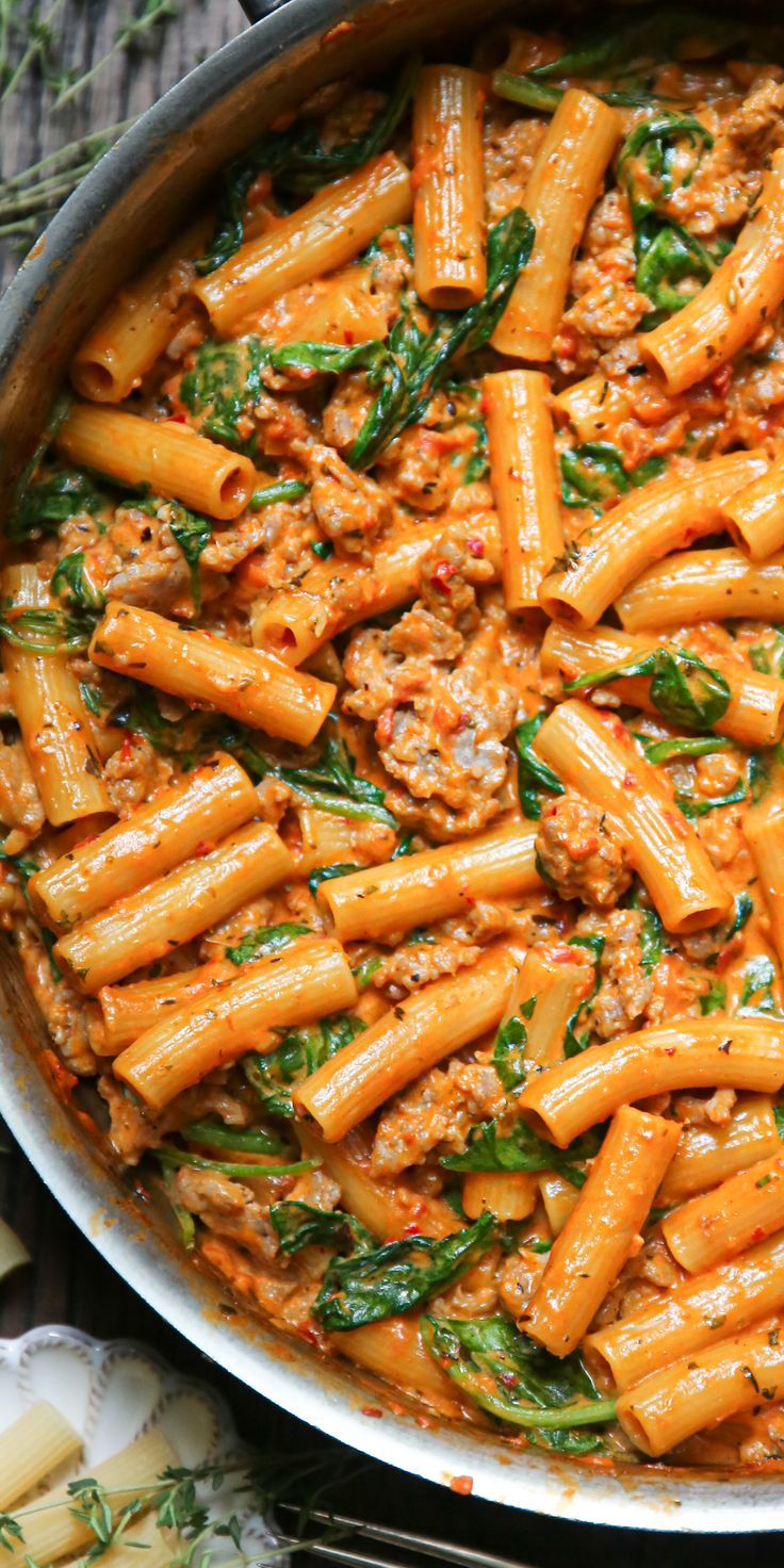 Creamy Sausage Rigatoni with Spinach, Garlic, and Tomato Cream Sauce (One-Pan, 30-Minute)