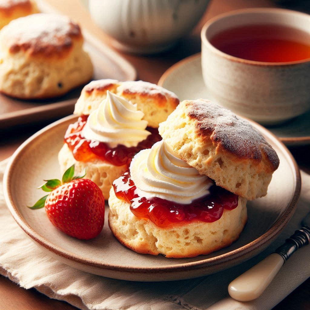 Classic British Scones with Strawberry Jam and Whipped Cream