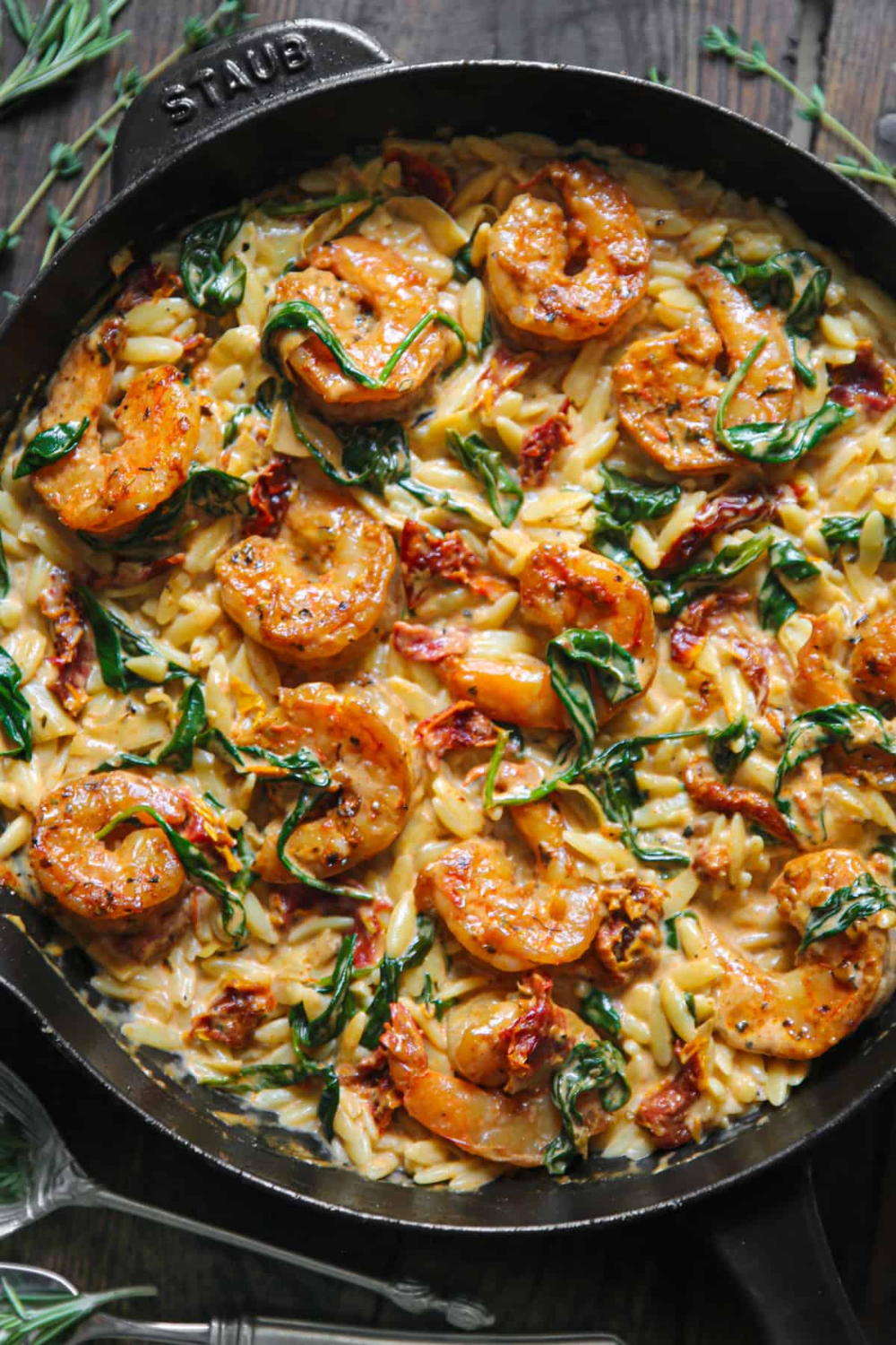 Creamy Shrimp Orzo with Spinach, Sun-Dried Tomatoes, and Artichokes