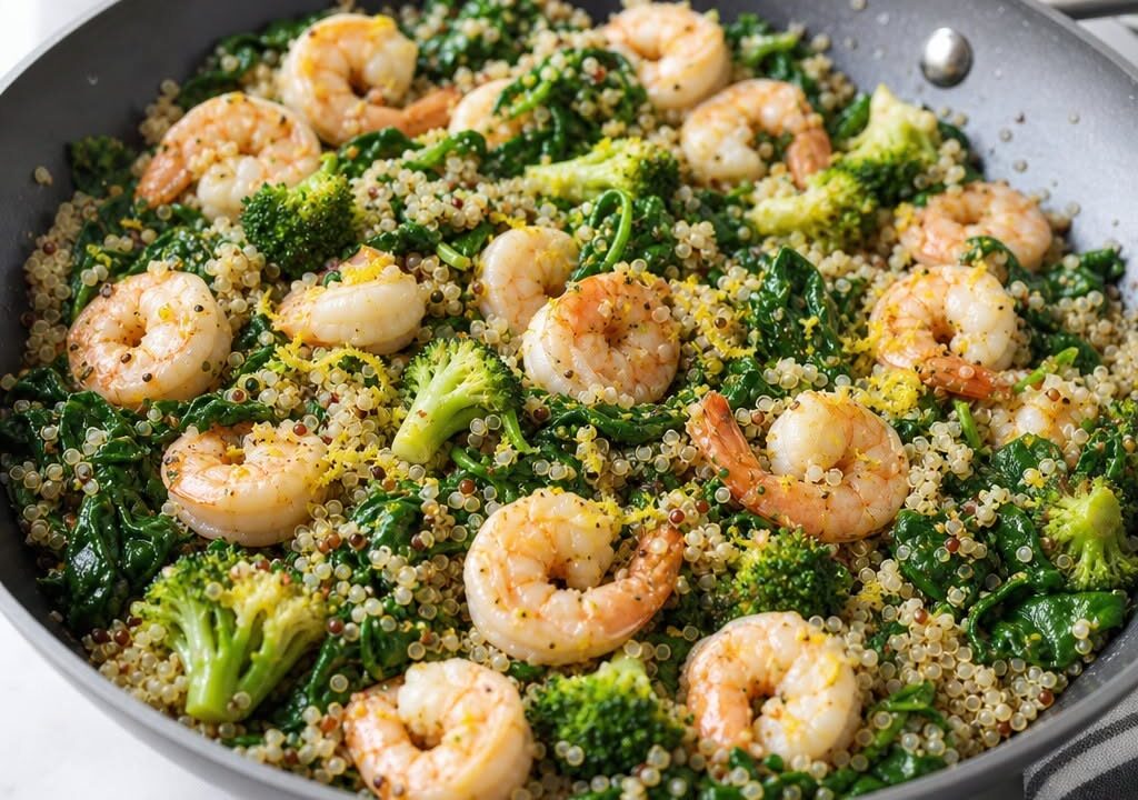 one pan lemon garlic shrimp quinoa