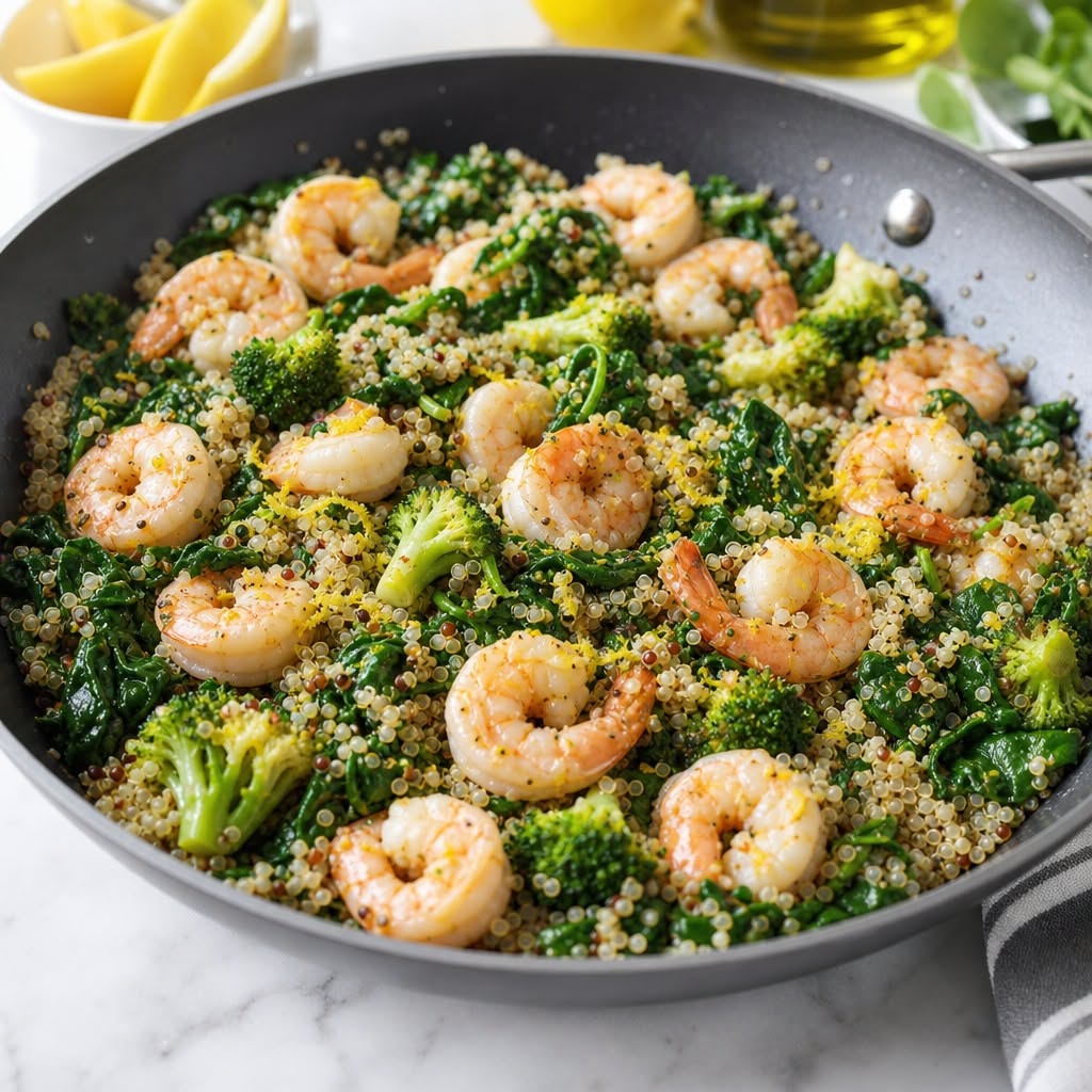One-Pan Lemon-Garlic Shrimp with Quinoa and Greens (30-Min, High Protein)