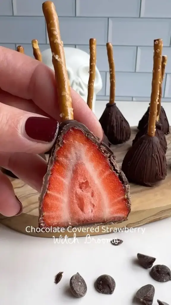 Chocolate Covered Strawberry Witch’s Brooms – Easy