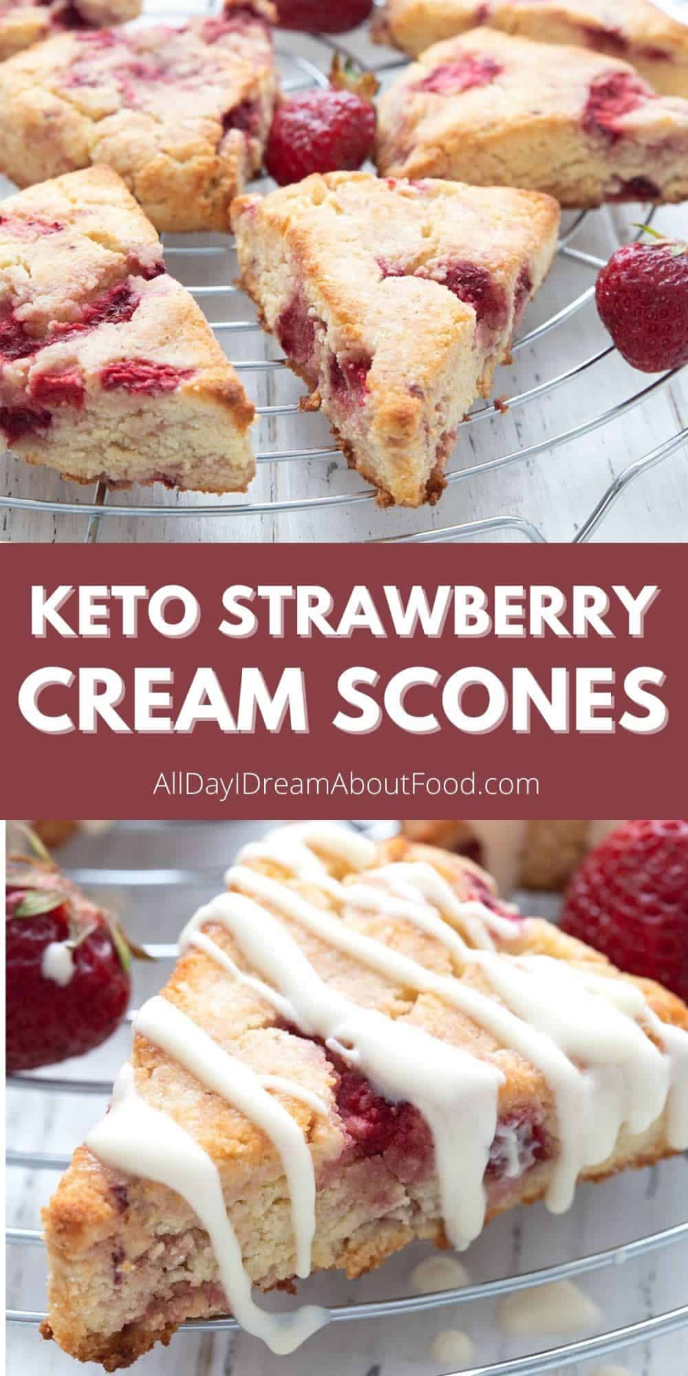 Keto Strawberry Cream Scones on a Wire Rack with Strawberries