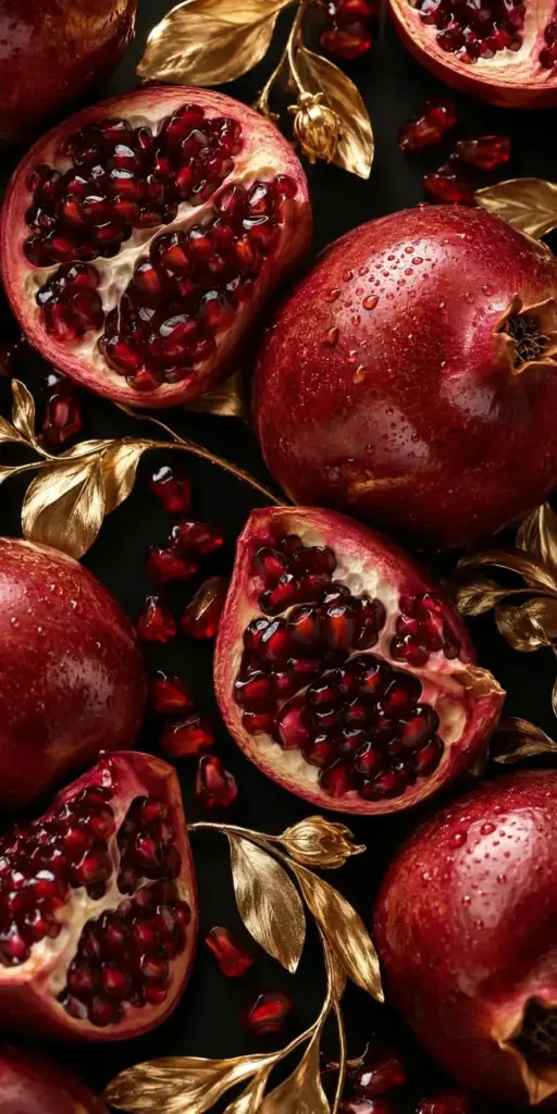 Luxurious Pomegranate Still Life with Gold Leaves AI Art