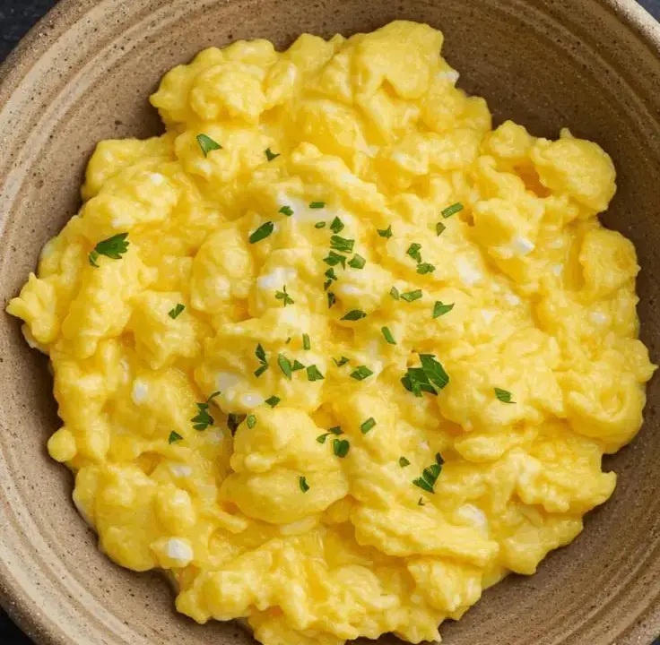 scrambled eggs in a bowl with parsley