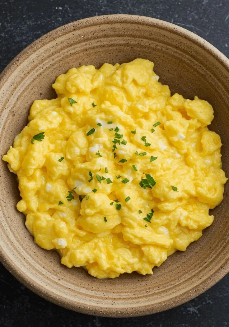 Scrambled Eggs in a Bowl with Parsley on Top